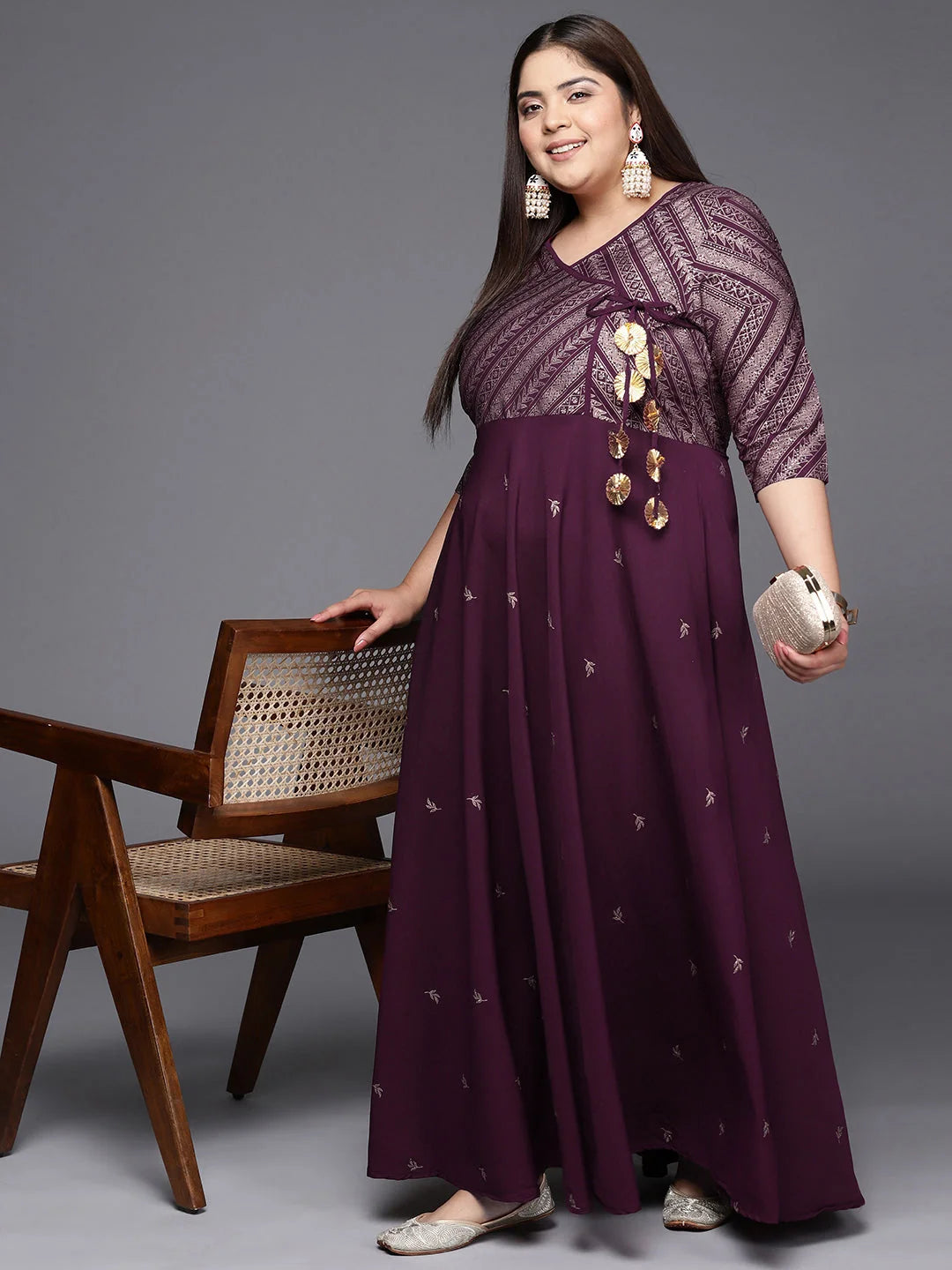 Plus Size Burgandy & Gold Geometric Indian Dress Online