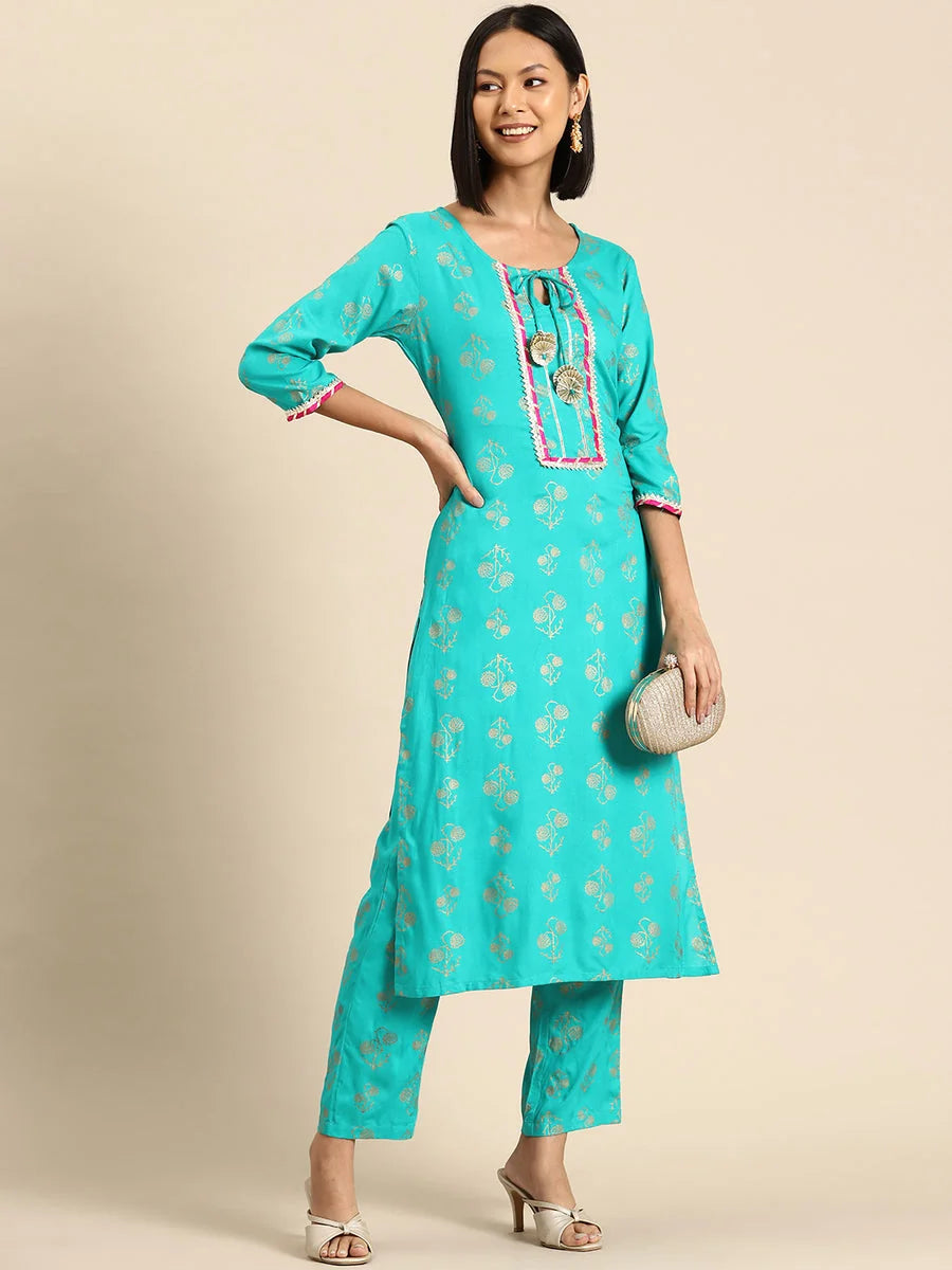 Mint Blue Print Kurta Pyjama with Gota Work | Stylish Cotton Tops
