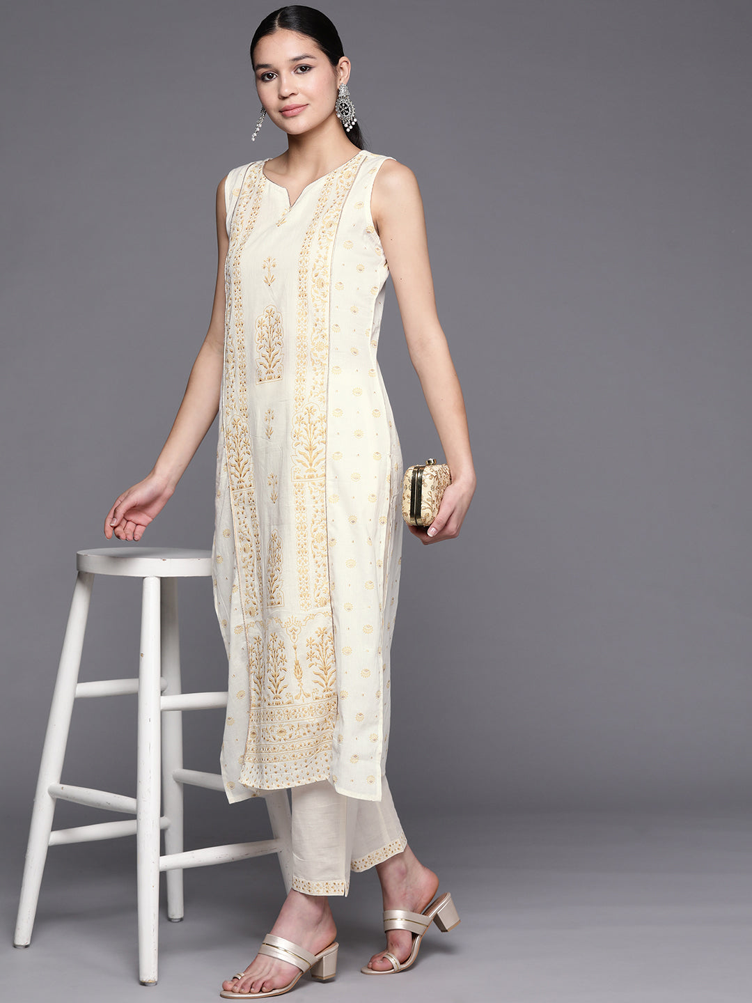 Off White Pure Cotton Printed Kurta Pant Set-AHKUPN-COMBO-528