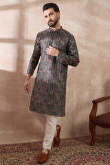 Black Silk Blend Printed Mandarin Collar Straight Kurta MKU2097