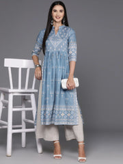 Blue & White Printed Pure Cotton Kurta-AHKUCOKH-1092