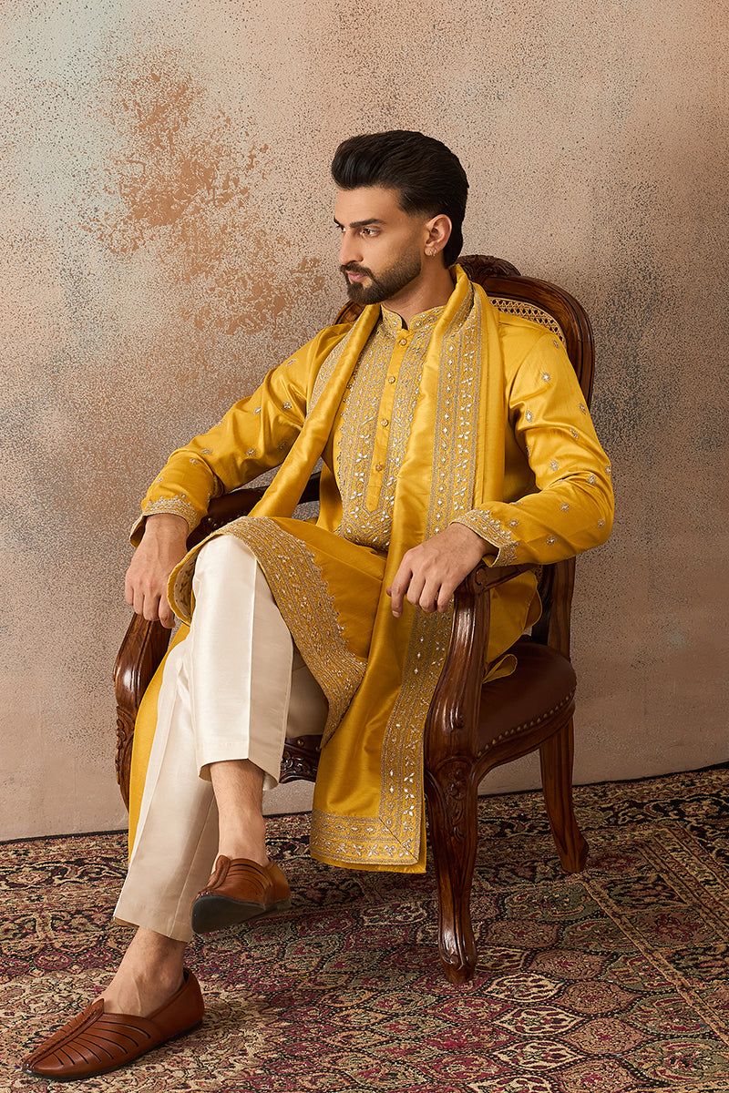 Yellow Silk Blend Solid Embroidered Kurta With Dupatta MKUD1026
