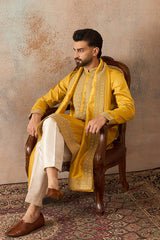 Yellow Silk Blend Solid Embroidered Kurta With Dupatta MKUD1026