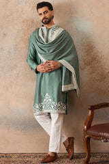 Green Silk Blend Solid Embroidered Kurta With Dupatta MKUD1040