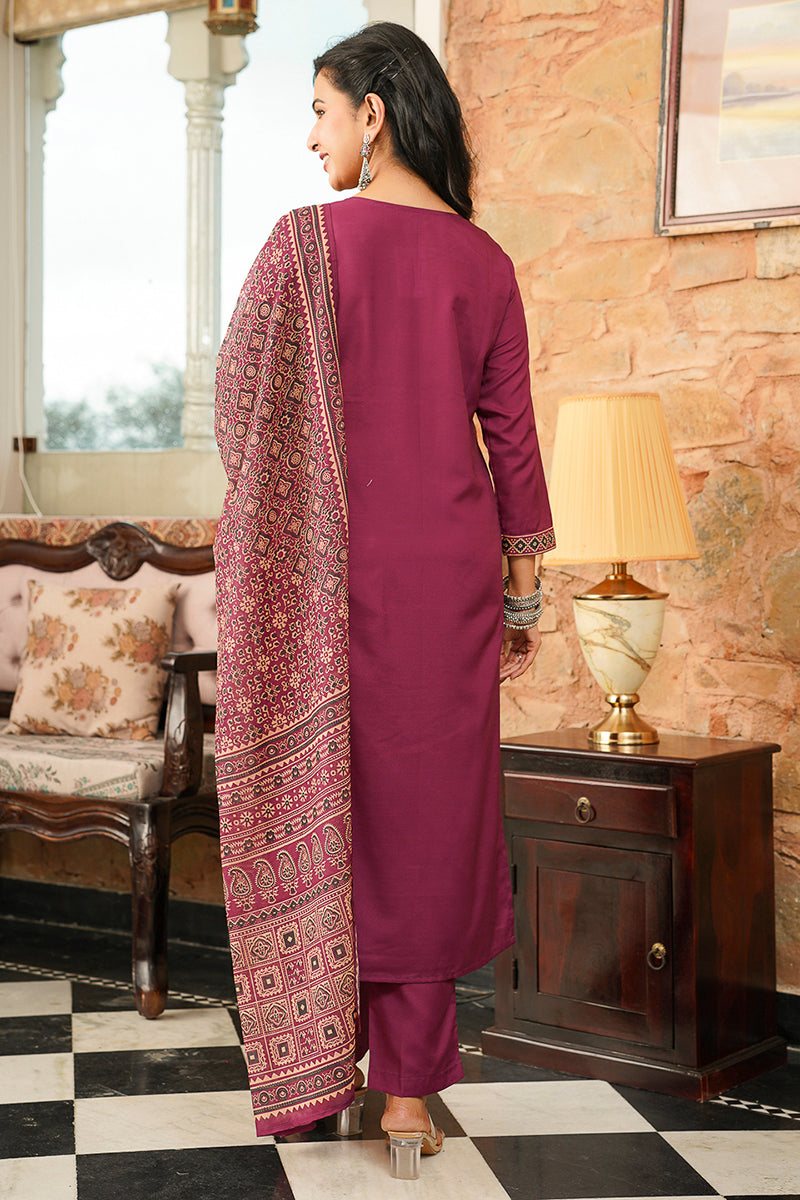 Purple Rayon Blend Ajrakh Printed Straight Kurta Trousers With Dupatta PKSKD3064