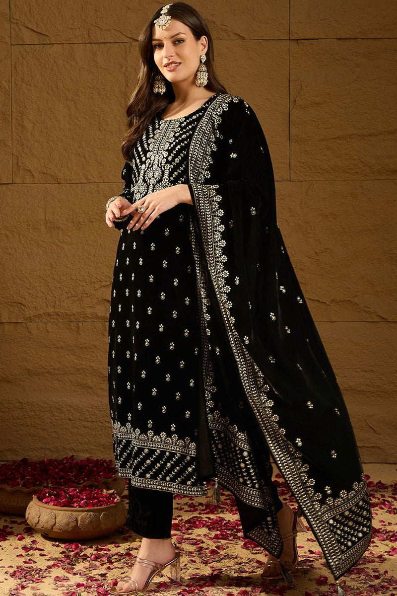 Black Velvet Ethnic Motifs Printed Straight Trousers Suit Set PKSKD292