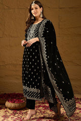 Black Velvet Ethnic Motifs Printed Straight Trousers Suit Set PKSKD2922