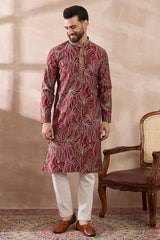 Red Silk Blend Printed Mandarin Collar Straight Kurta With Trouser MKSET1959