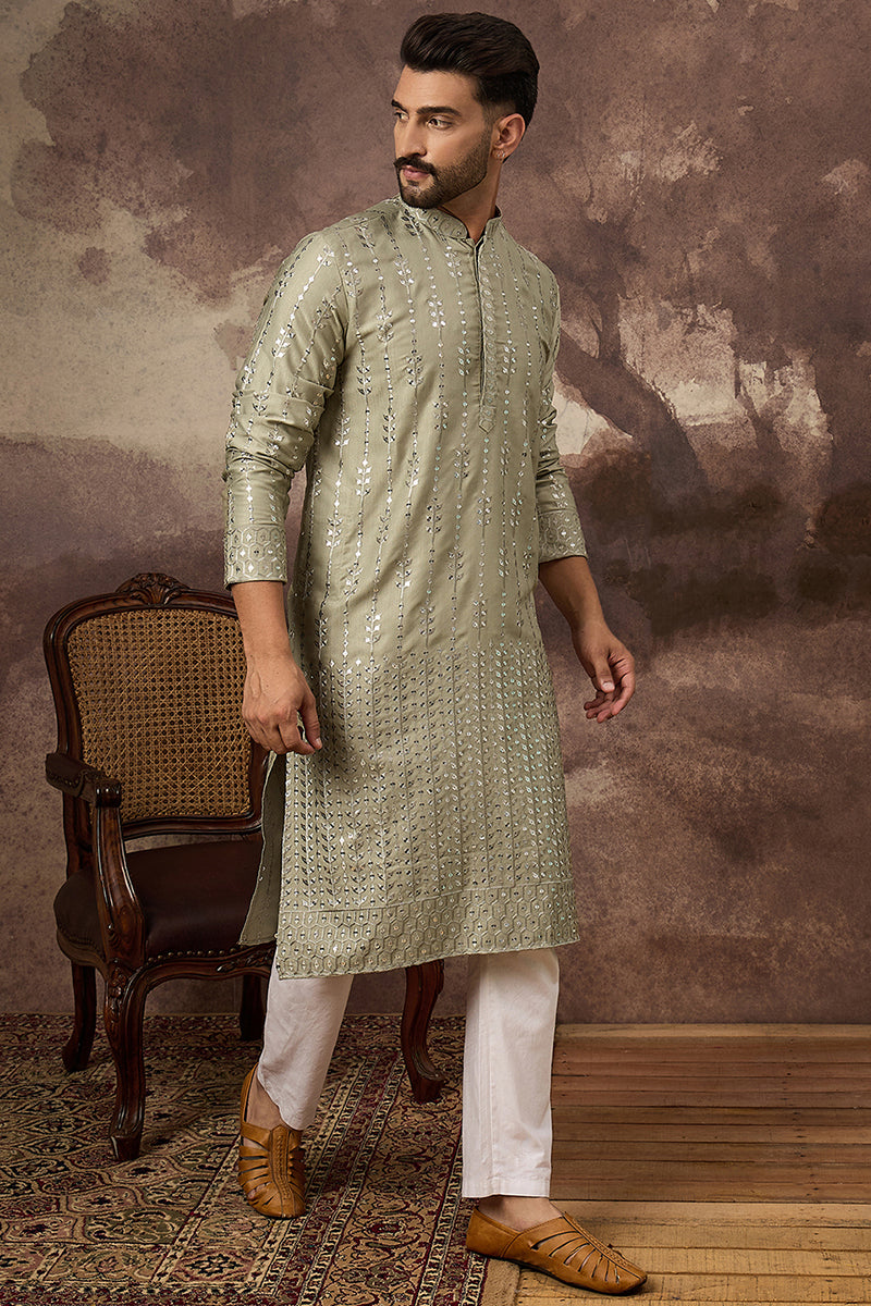 Green Silk Blend Solid Embroidered Straight Kurta MKU1356
