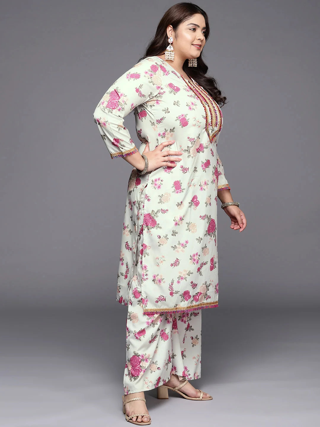 Beige Floral Kurta and Palazzo Set for Plus Size Women