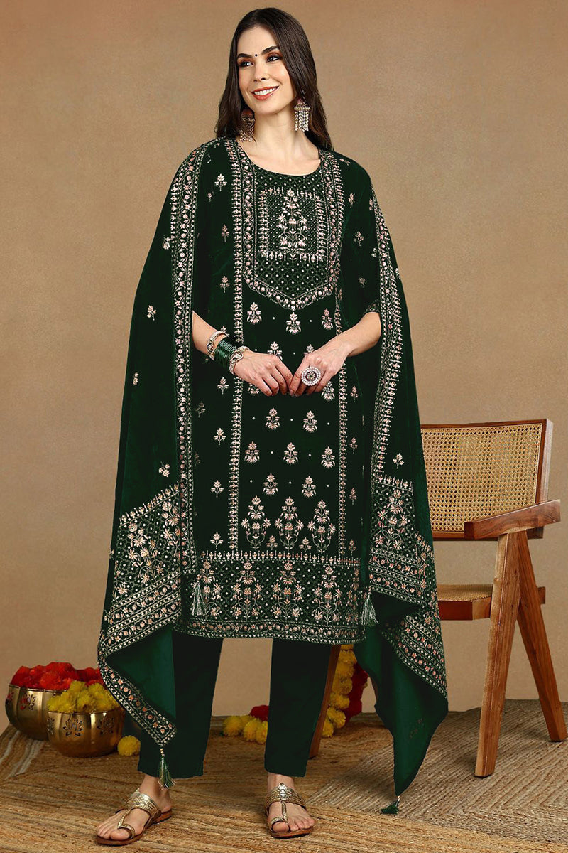 Green Velvet Ethnic Motifs Printed Straight Suit Set PKSKD2772 | DesiQ