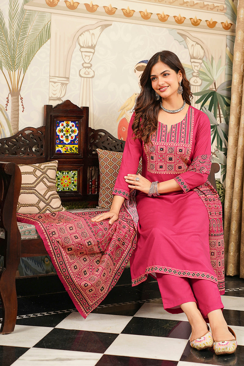 Pink Rayon Blend Ajrakh Printed Straight Kurta Trousers With Dupatta PKSKD3069