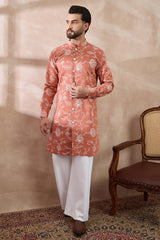 Peach Viscose Rayon Embroidered Mandarin Collar Straight Kurta With Trouser MKSET1989