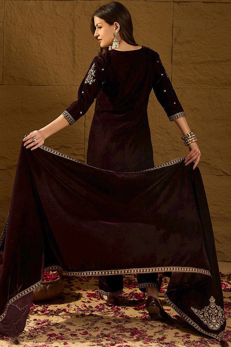 Purple Velvet Solid Embroidered Straight Trousers Suit Set PKSKD2254 |
