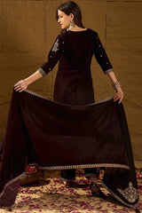 Purple Velvet Solid Embroidered Straight Trousers Suit Set PKSKD2254