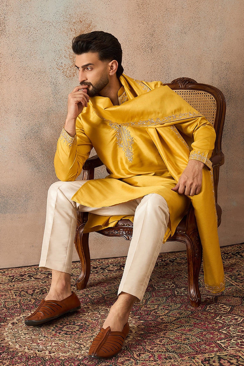 Yellow Silk Blend Solid Embroidered Kurta With Dupatta MKUD1022