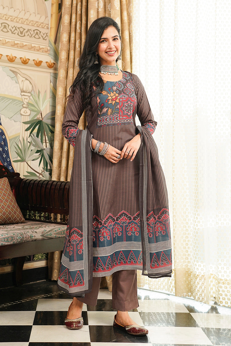 Brown Rayon Blend Ethnic Motifs Printed Straight Kurta Trousers With Dupatta PKSKD3072