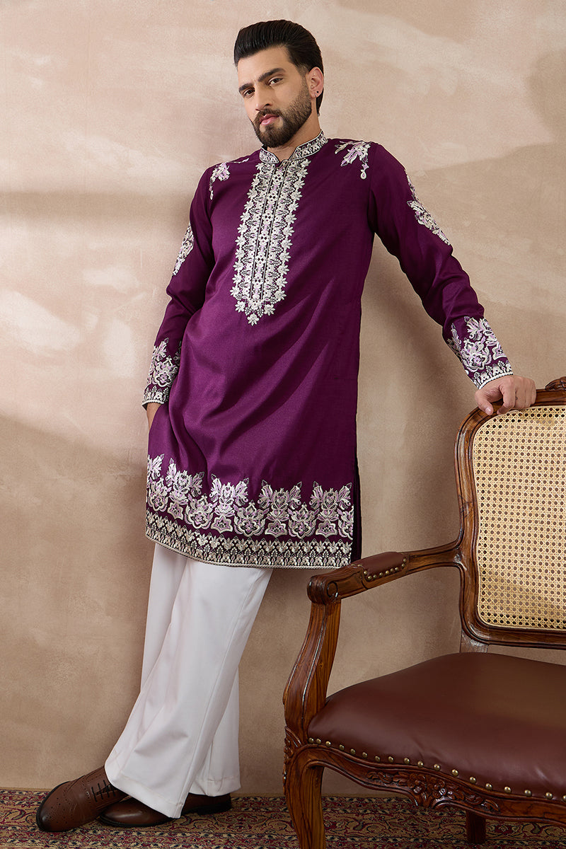 Purple Silk Blend Embroidered Mandarin Collar Straight Kurta With Trou