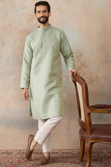 Teal Jacquard Ethnic Motifs Embroidered Kurta With Trouser MKSET2240