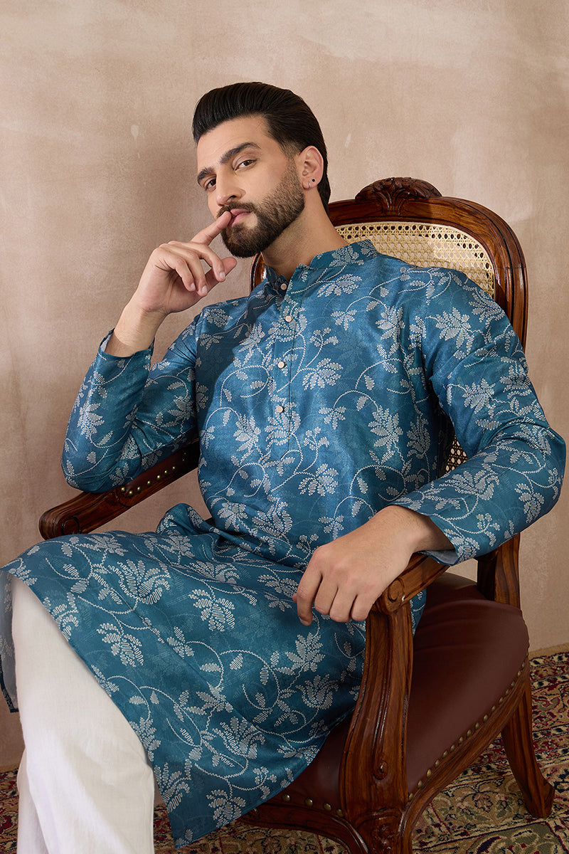 Blue Silk Blend Printed Mandarin Collar Straight Kurta With Trouser MKSET1998