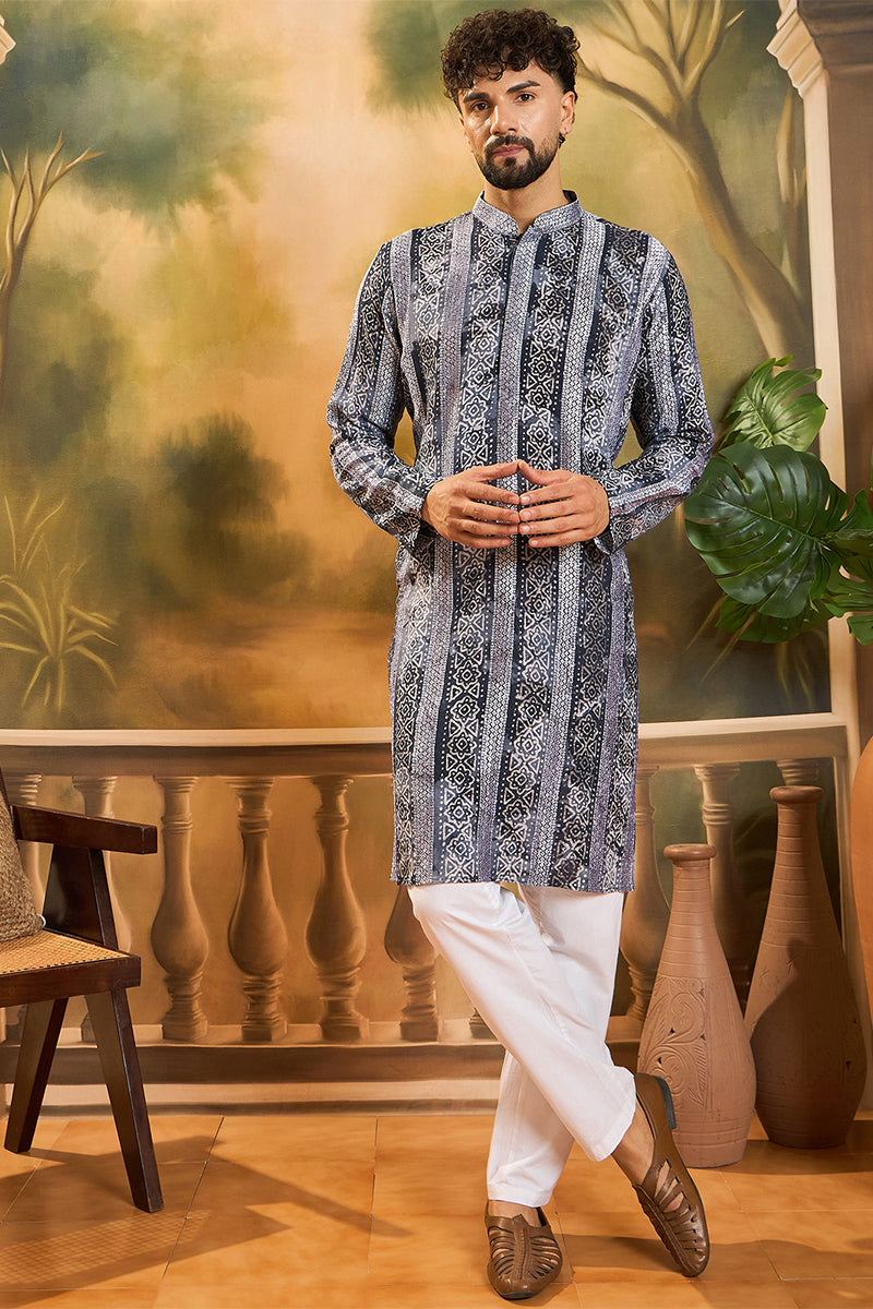 Blue Viscose Rayon Batik Embroidered Straight Kurta MKU1481