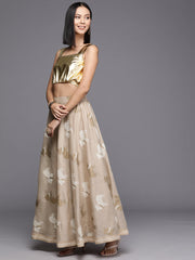 Beige & Gold Tone Printed Crop Top with Skirt and Shrug-AHBLSKJK-COMBO-797