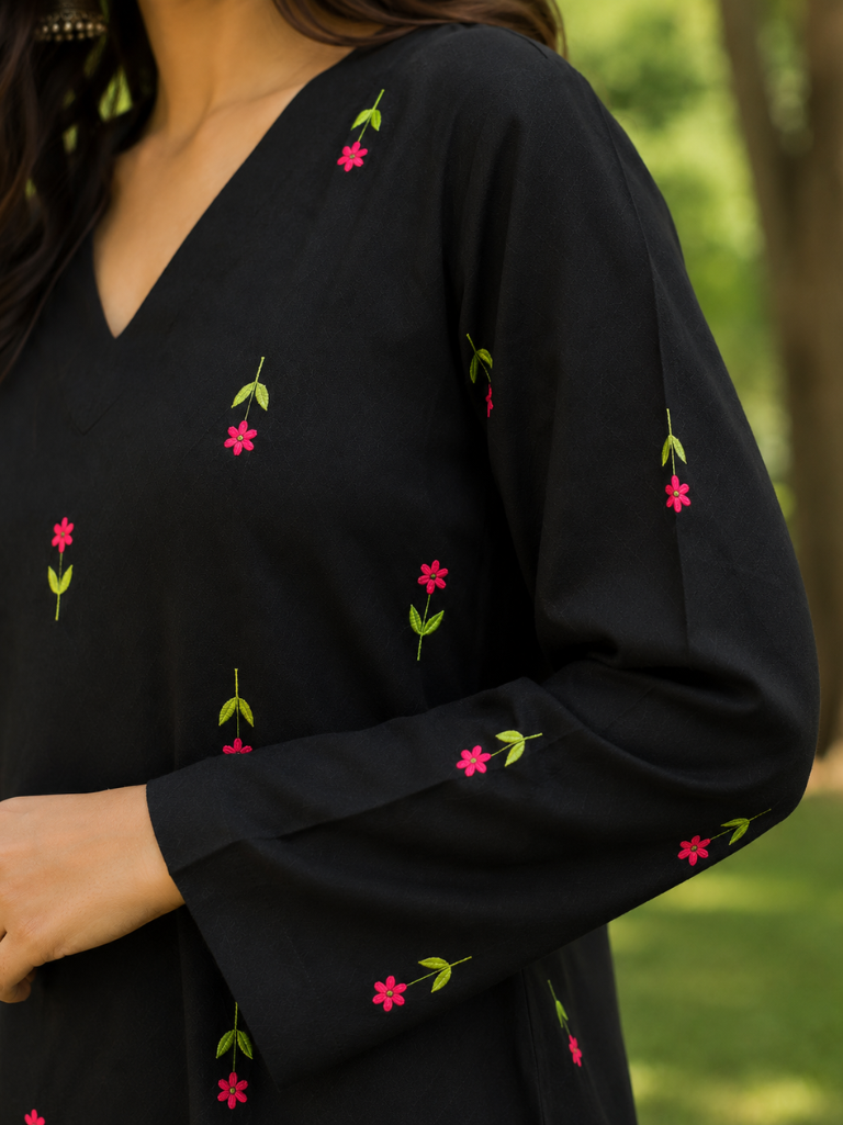 Black Floral Embroidered V-Neck Kurta with Pink Palazzo Set for Women 