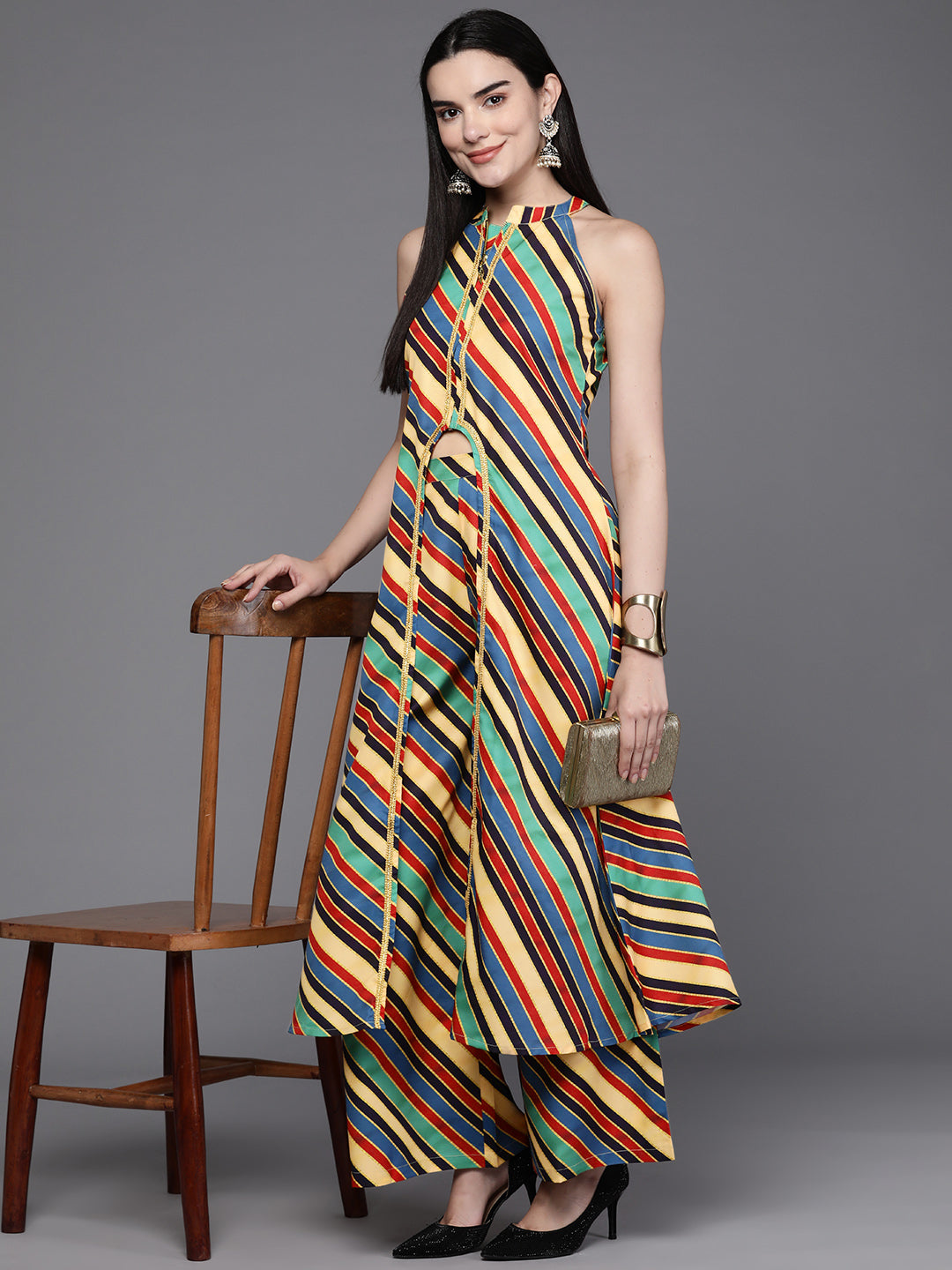 Striped Kurta Palazzo Set for Women | High Slit Design