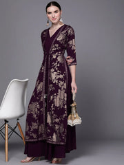 Burgundy Floral Printed Fit & Flare Maxi Ethnic Dress-AHDRCRSM-995-FF