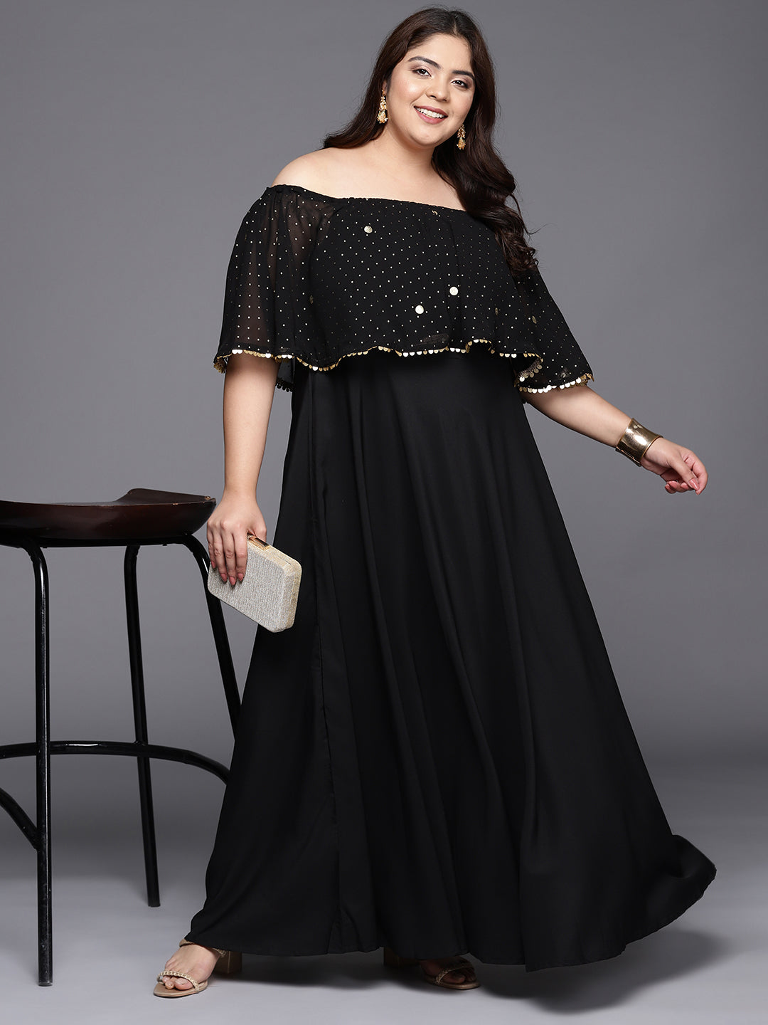 Black & Gold Off-Shoulder Maxi Dress - Indian Dresses