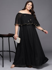 Black & Gold Plus Size Off-Shoulder Maxi Ethnic Dress-AP-AHKUCRGRFP-855