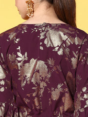 Burgundy & Gold-Toned Printed Ethnic Jumpsuit With Waist Tie-Ups-AHJSCRFP-35