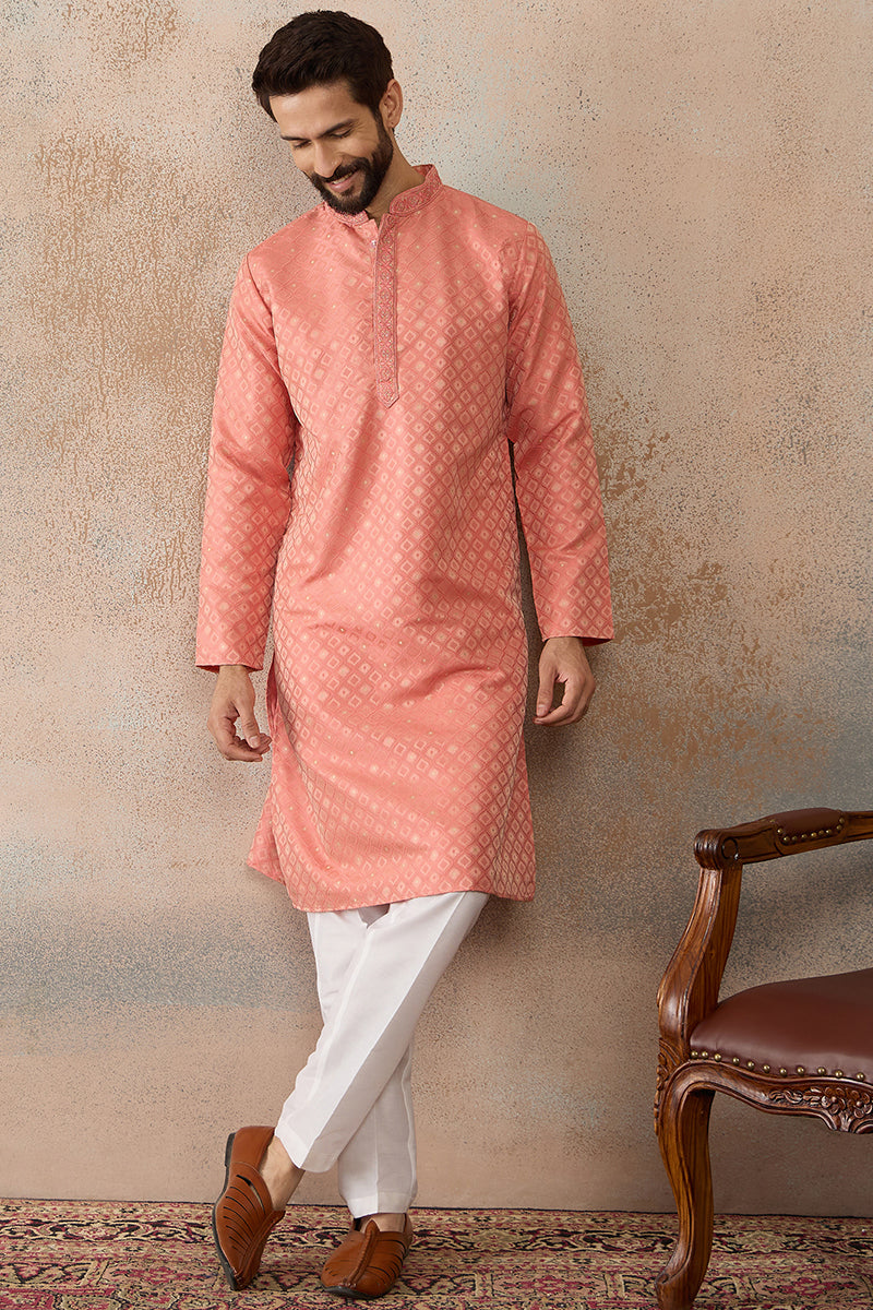 Coral Jacquard Ethnic Motifs Embroidered Kurta MKU2491