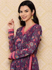 Purple Floral Printed Layered Kurta with Trousers-AHKUPN-Combo-838-ICH