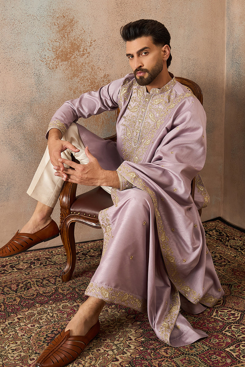 Lavender Zari Embroidered Silk Blend Kurta with Trousers & Dupatta MKPD1047
