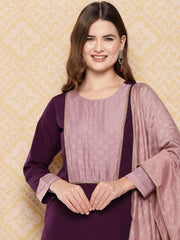 Burgundy Yoke Design Kurta with Trousers & With Dupatta-AHKUPNDU-COMBO-842-ICH