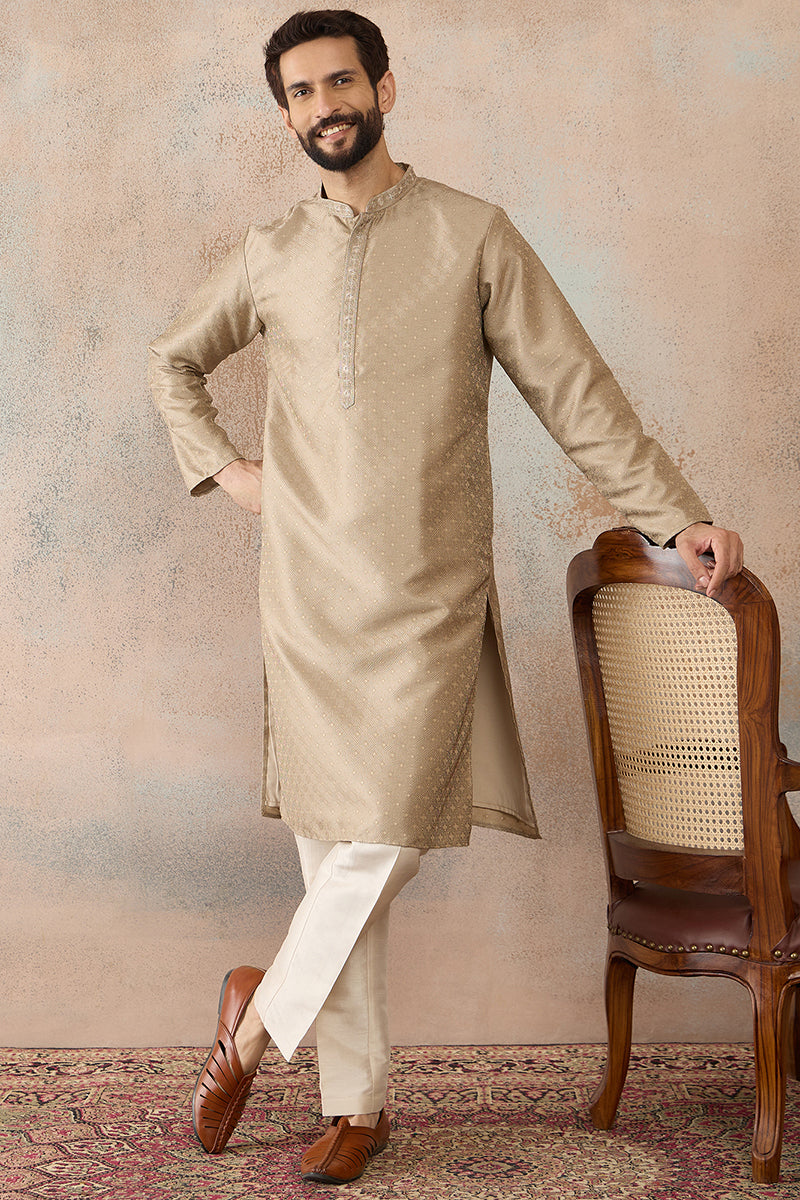 Beige Silk Blend Embroidered Solid Straight Kurta MKU2326