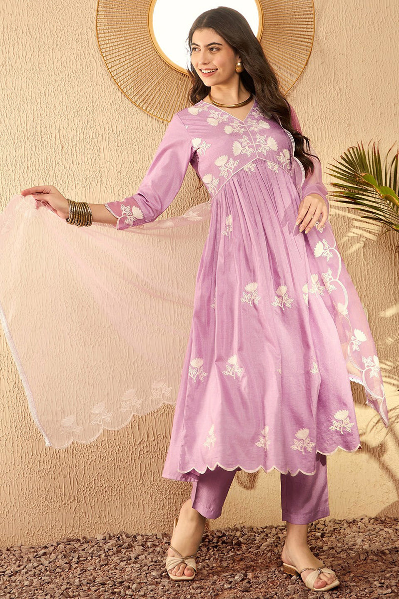 Lavender Silk Blend Embroidered Kurta Trouser With Dupatta HOPPKSKD259