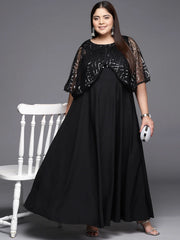 Black Geometric Print Plus Size A-line Maxi Ethnic Dress-AP-AHKUNTFL-842