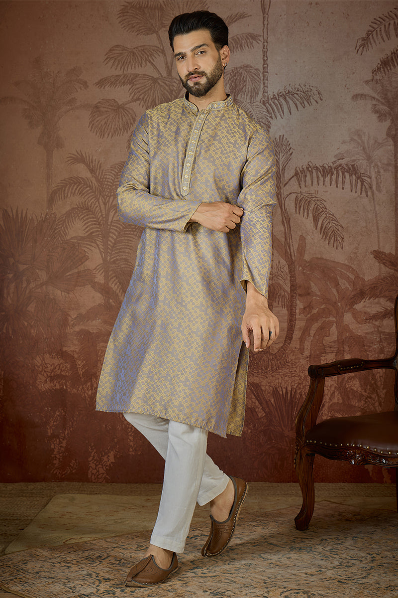 Grey Jacquard Geometric Embroidered Kurta With Trouser MKSET2548