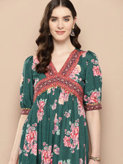 Green Floral Printed Empire Ethnic Dress-AHEDCRDP-204-ICH