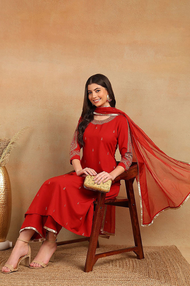 Red Silk Blend Embroidered A-Line Kurta Trouser With Dupatta HOPPKSKD2