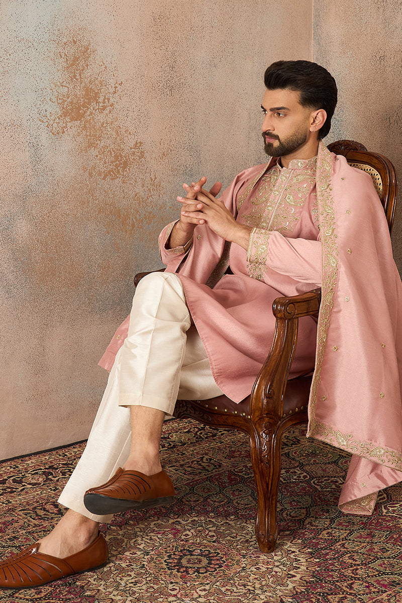 Pink Zari Embroidered Silk Blend Kurta with Trousers & Dupatta MKPD1045