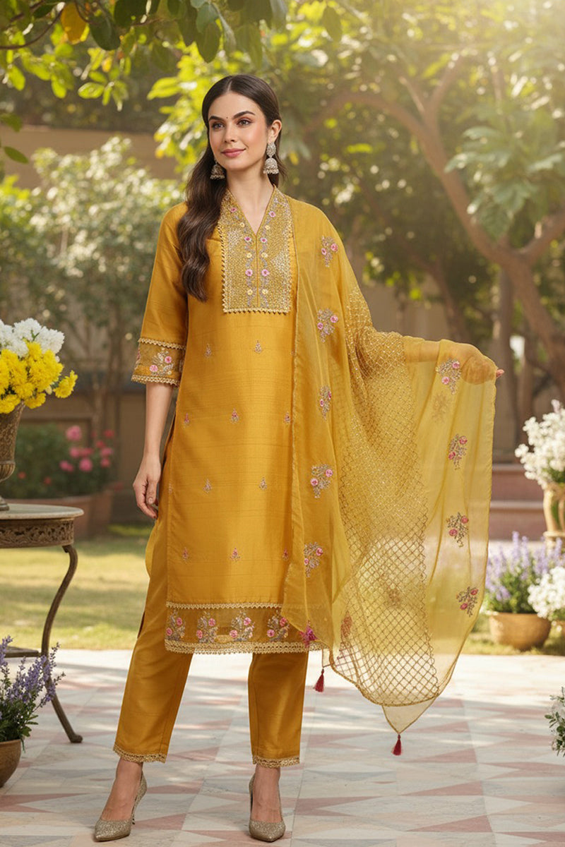 DesiQlo Women Silk Blend Indian Ethnic Set - Mustard Yellow