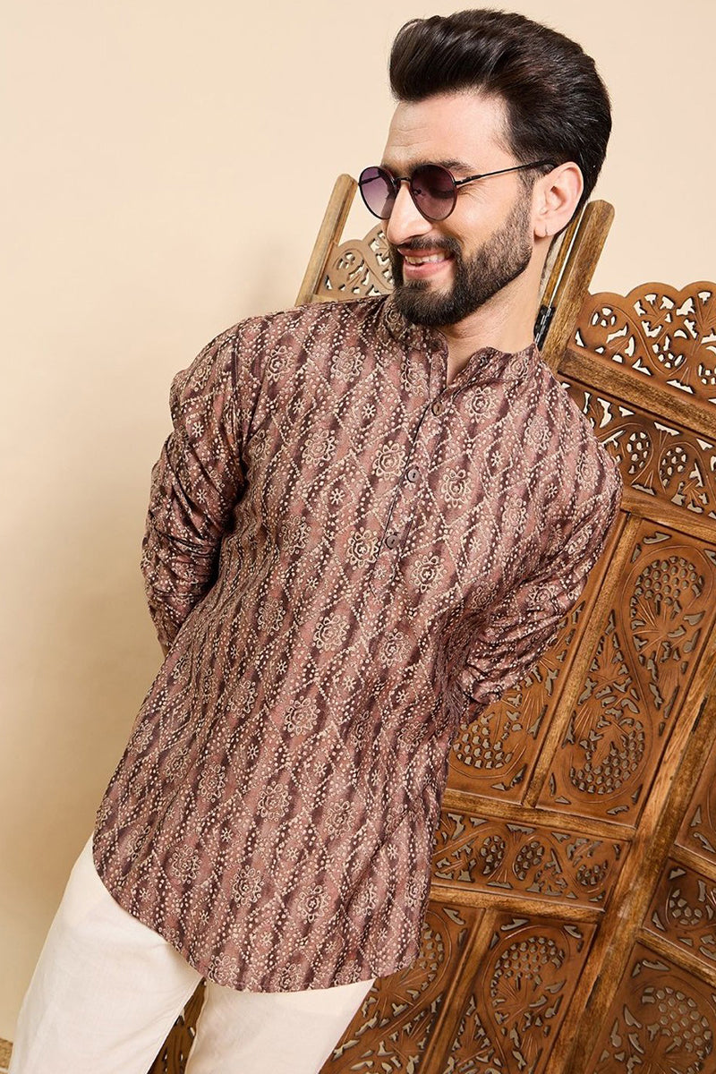 Brown Cotton Geometric Printed Straight Kurta HOPMSKU1008BWN | DesiQlo