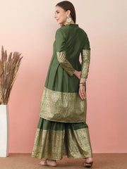 Ethnic Motifs Printed Pleated Mandarin Collar Anarkali Kurta With Sharara-AHKUSH-COMBO-973