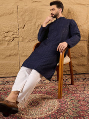 Ethnic Bay Men Blue Viscose Rayon Solid Embroidered Straight Kurta With Pant Set-MKSET1187