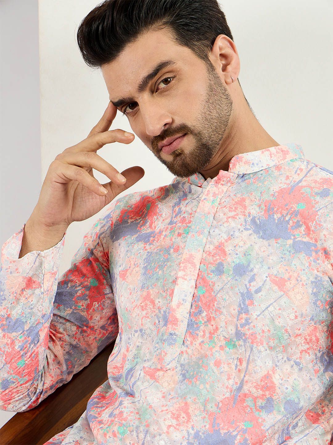 Ethnic Bay Men Off White Viscose Rayon Abstract Embroidered Straight Kurta With Pant Set-MKSET1082