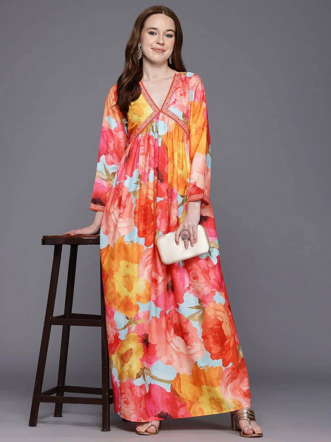 Floral Silk Empire Maxi Dress - Indian Dresses Online