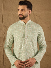 Ethnic Bay Men Green Viscose Rayon Solid Embroidered Straight Kurta With Pant Set-MKSET1238